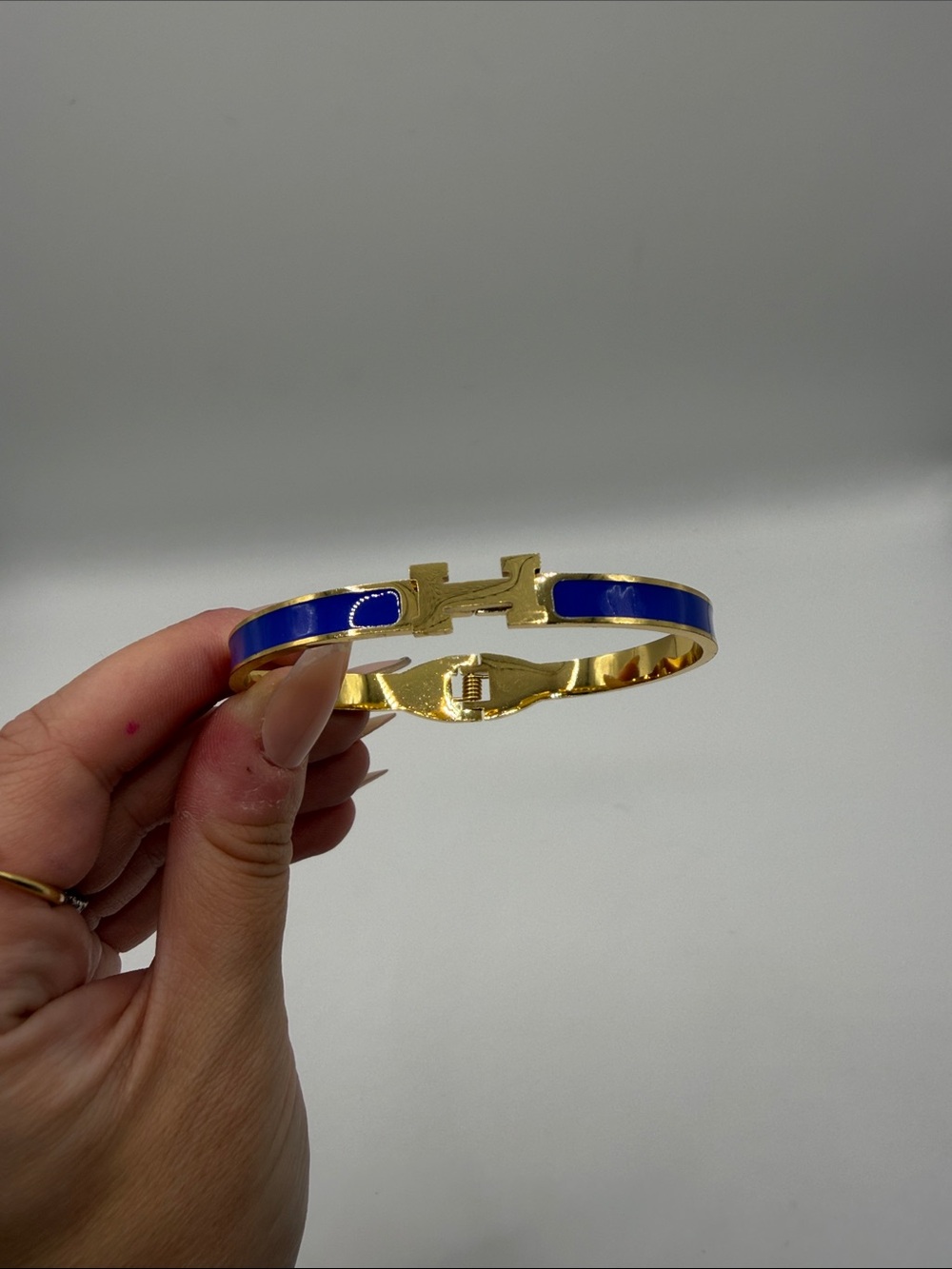 206. Gold and Blue Enamel Hinge Bracelet 7” - Picture 2 of 4
